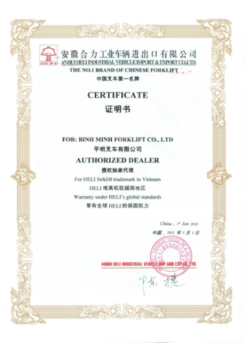 Giấy chứng nhận đại lý độc quyền hãng xe nâng HELI tại Việt Nam