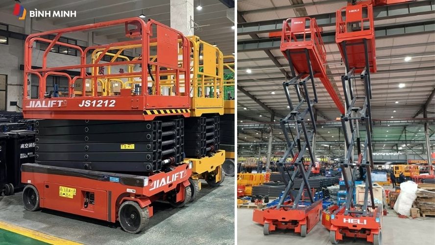 Xe nâng người cắt kéo chiều cao tới 14m làm việc trong kho kín